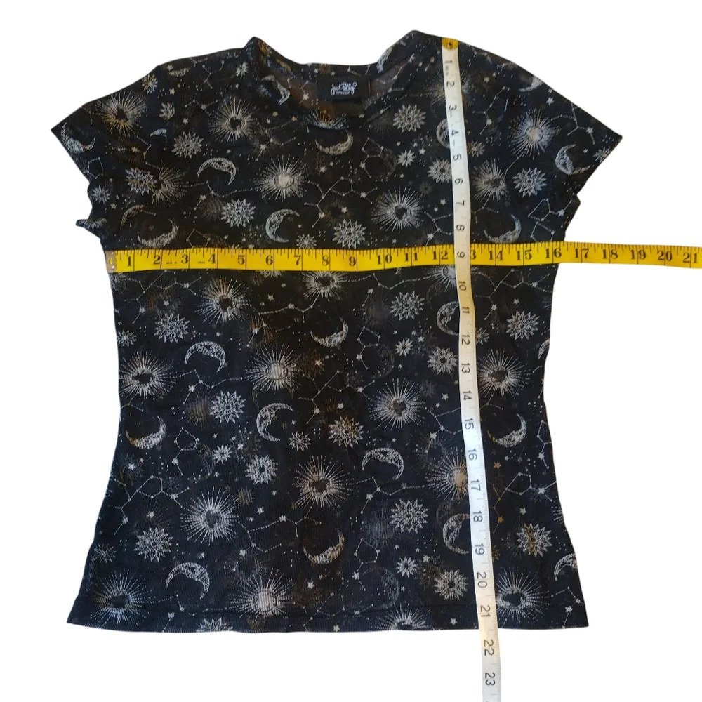 Just Polly NY Black and White Constellation Witchy Starry Print Sheer Top Sz S-L_2